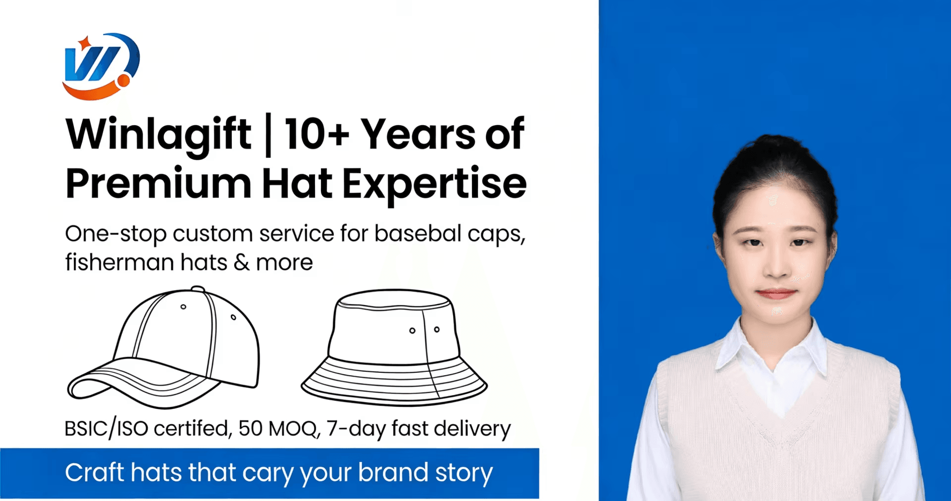 Winlagift - 10+ Years of Premium Hat Expertise. One-stop custom service for baseball caps, fisherman hats and more. BSIC/ISO certified, 50 MOQ, 7-day fast delivery.